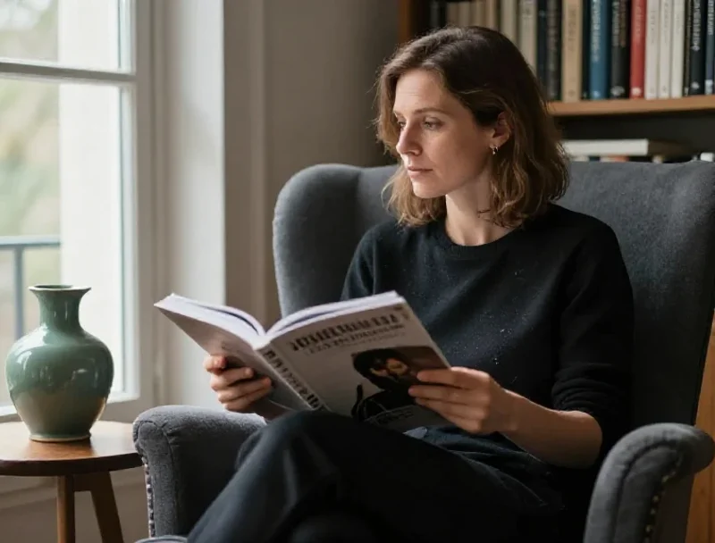 Lectrice absorbée par un magazine culturel, illustrant l'importance de l'information généraliste diversifiée.