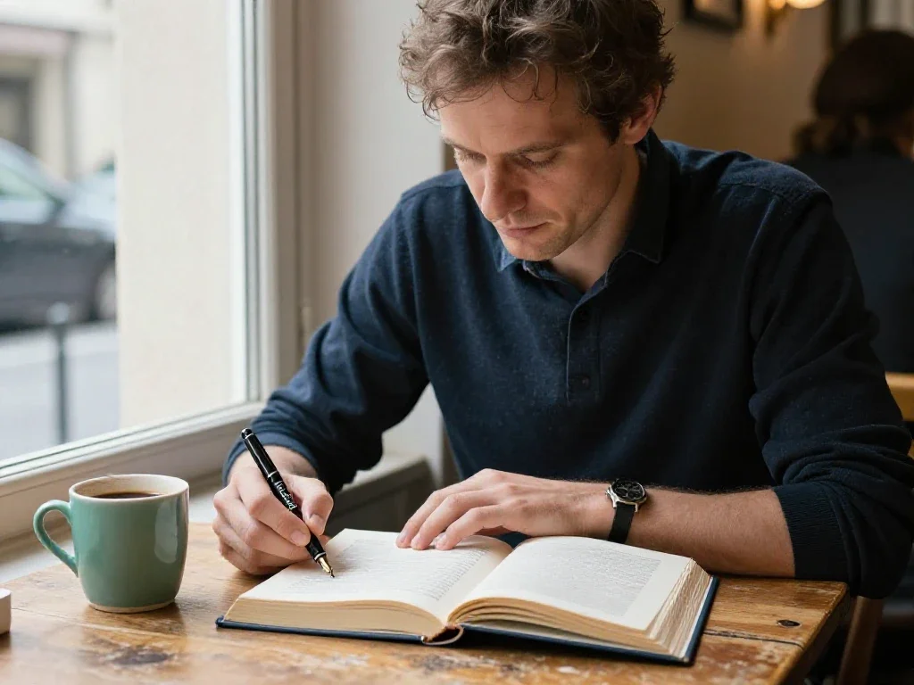 Un homme d'origine européenne étudie attentivement dans un café pour relier les idées essentielles.